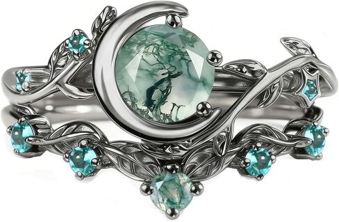 Nature Moss Agate Engagement Ring Sets for Women Black Art Deco Cluster S925 Sterling Silver Vintage Moss Agate Bridal Ring Inspired Promise Wedding Band in Saudi Arabia