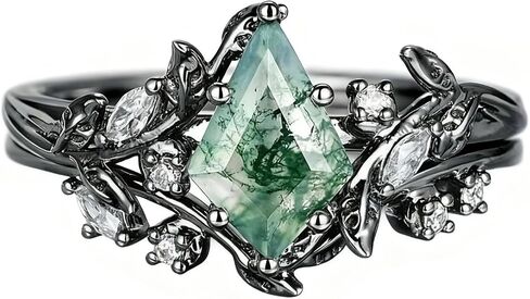 Nature Moss Agate Engagement Ring Sets for Women Black Art Deco Cluster S925 Sterling Silver Vintage Moss Agate Bridal Ring Inspired Promise Wedding Band in Saudi Arabia