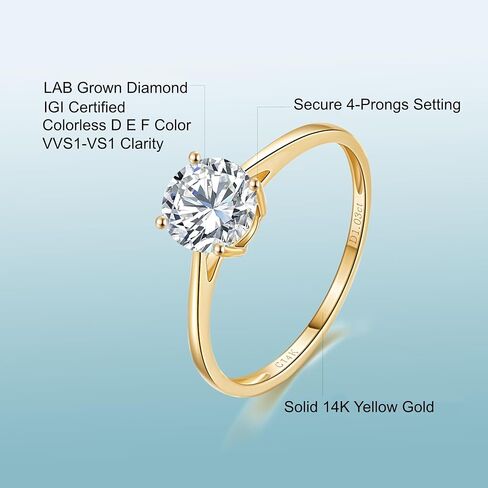 14K Yellow Gold 0.5 to 2 Carat IGI Certified LAB Grown Diamond Engagement Rings for Women, Round Cut Solitaire Diamond Anniversary Wedding Promise Rings Jewelry Gift for Her, D-F Color, VVS1-VS1 Clarity in Saudi Arabia