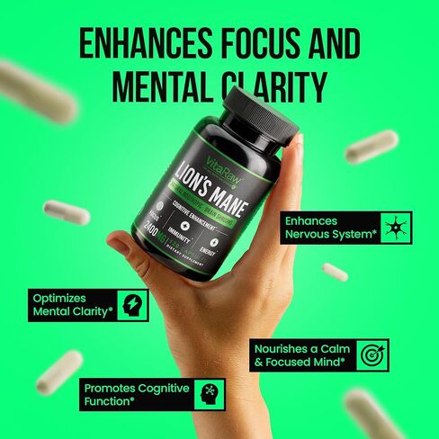 VitaRaw Organic Lions Mane Supplement Capsules 2400 mg - Powerful Nootropic - Helps Maintain Memory, Energy, and Mental Clarity - Vegan Brain Booster Focus Pills - Real Lion's Mane Supplement in Saudi Arabia