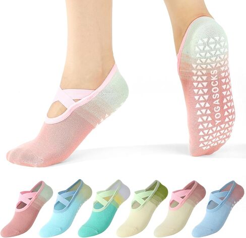 6/8 Pairs Pilates Socks for Women with Straps, Non Slip Yoga Socks for Barre Hospital Barefoot Workout in Kuwait