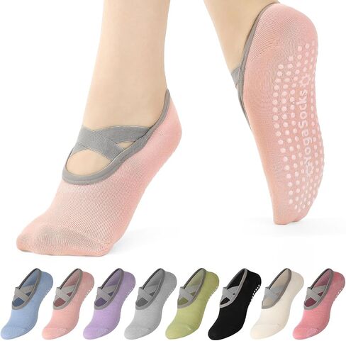 6/8 Pairs Pilates Socks for Women with Straps, Non Slip Yoga Socks for Barre Hospital Barefoot Workout in Saudi Arabia