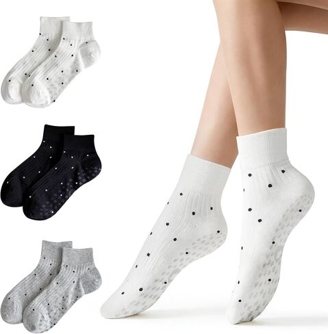 3 Pairs Pilates Yoga Socks with Grips, Cute Non-Slip Socks for Women, Assorted Patterns for Everyday Wear in Saudi Arabia