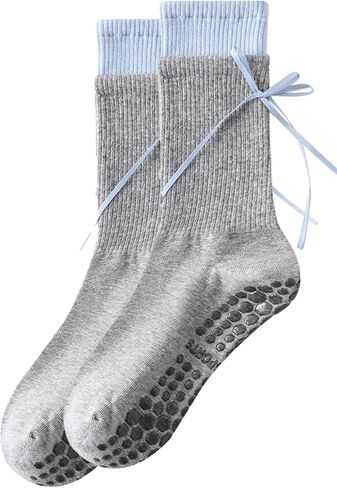 Pilates Socks With Grips For Women Ribbon Bow Yoga Socks Crew Cotton Non Slip Socks For Ballet Fitness Gym in Saudi Arabia