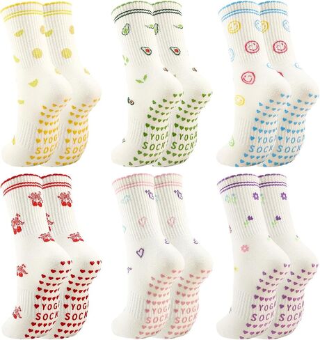 6 Pcs Cute Pilates Grip Socks Women Yoga Socks Ruffle Double Stripe Jacquard Pattern for Workout Sports Activities in Kuwait