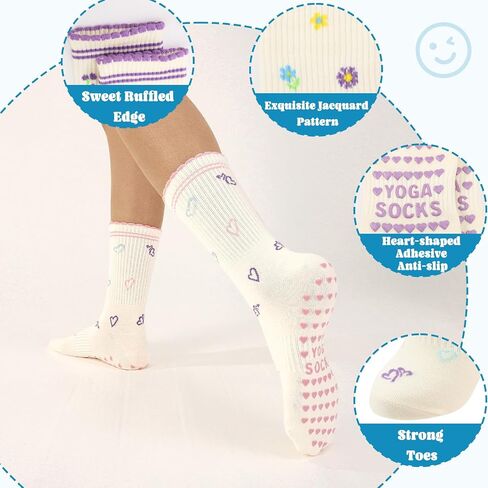 6 Pcs Cute Pilates Grip Socks Women Yoga Socks Ruffle Double Stripe Jacquard Pattern for Workout Sports Activities in Kuwait