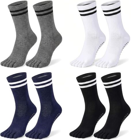 4 Pairs Toe Separator Yoga Socks, Non Slip Sticky Grip Cotton Crew Socks for Pilates, Barre, Dance, Workout in Kuwait