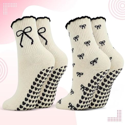 Cuffbow 2 Pairs Cute Pilates Socks with Heart Grips for Women Ruffle Non-slip Grippy Crew Sock for Yoga Barre in Kuwait