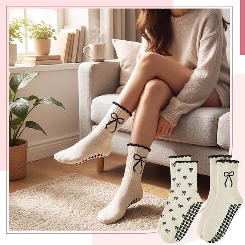 Cuffbow 2 Pairs Cute Pilates Socks with Heart Grips for Women Ruffle Non-slip Grippy Crew Sock for Yoga Barre in Kuwait