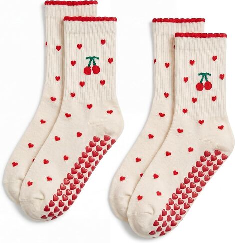 Cuffbow 2 Pairs Cute Pilates Socks with Heart Grips for Women Ruffle Non-slip Grippy Crew Sock for Yoga Barre in Kuwait