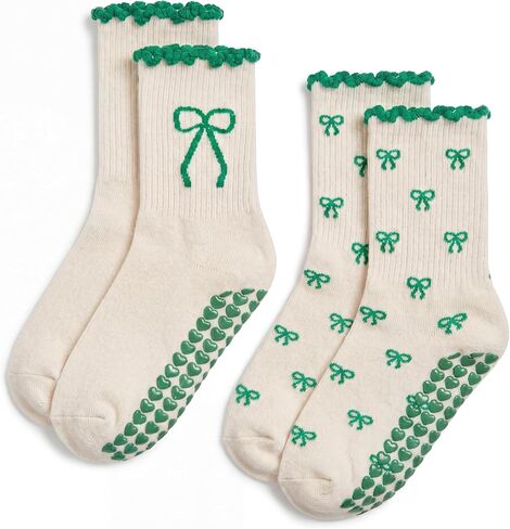 Cuffbow 2 Pairs Cute Pilates Socks with Heart Grips for Women Ruffle Non-slip Grippy Crew Sock for Yoga Barre in Kuwait