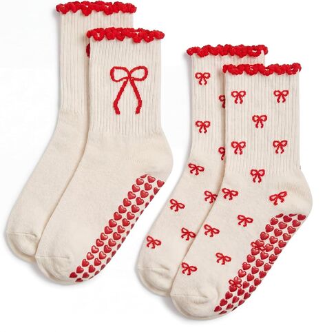 Cuffbow 2 Pairs Cute Pilates Socks with Heart Grips for Women Ruffle Non-slip Grippy Crew Sock for Yoga Barre in Kuwait