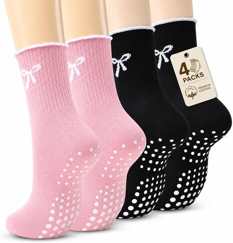 IRAMY Cotton Non-Slip Pilates Socks for Women with Ruffle Cuff & Knit Bow, Grippy Yoga Barre Socks, 4 Pairs in Saudi Arabia