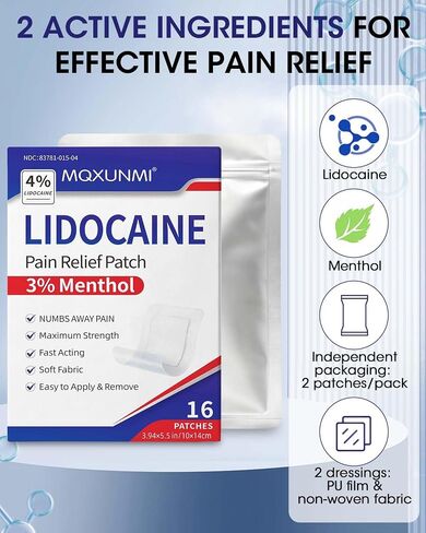 Newly Upgraded Lidocaine Patches, 16 Count Maximum Strength Pain Relief Patches (12 Non-Woven + 4 PU Film), 4% Lidocaine & 3% Menthol for Fast, Targeted Relief of Back, Joint & Muscle Pain in Saudi Arabia