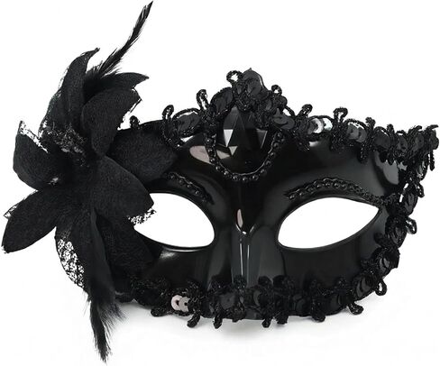 Black Lace Masquerade Mask for Women – Elegant Venetian Mardi Gras Mask, Adjustable Feathered Party Eye Mask for Halloween, Carnival, and Cosplay Costume in Kuwait