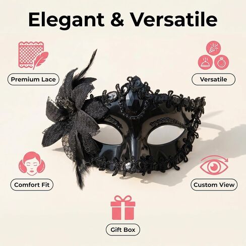 Black Lace Masquerade Mask for Women – Elegant Venetian Mardi Gras Mask, Adjustable Feathered Party Eye Mask for Halloween, Carnival, and Cosplay Costume in Kuwait