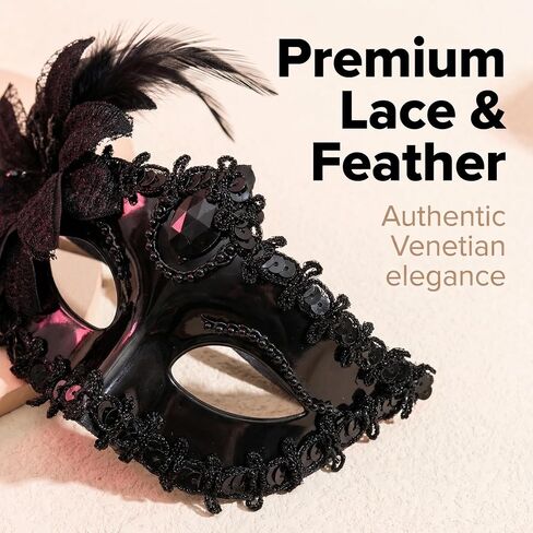 Black Lace Masquerade Mask for Women – Elegant Venetian Mardi Gras Mask, Adjustable Feathered Party Eye Mask for Halloween, Carnival, and Cosplay Costume in Kuwait