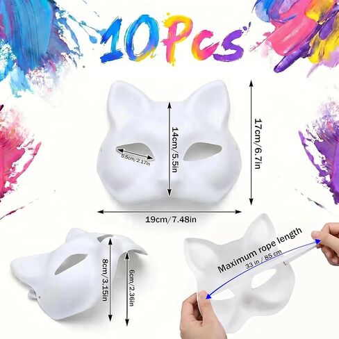 10Pcs-Therian-Mask-White-Cat-Masks: Mask Base with Elastic Bands for Kids Adults Painting Diy Crafts, Paper Cat Masks for Halloween Costume Cosplay Masquerade Party Favors in Saudi Arabia