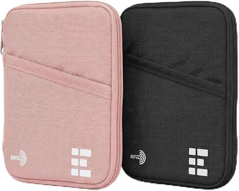 Passport Holder Pack of 2 (Midnight Black and Rose Pink), RFID Blocking Zippered Travel Document Organizer Wallets, Holds Passports, Cards, Tickets, ID and Cash, Water Resistant Nylon in Saudi Arabia