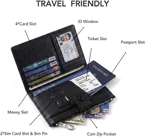 Genuine Leather Passport Holder for International Travel, RFID Blocking Compact Travel Wallet with Card Slots, Zipper Coin Pocket and SIM Slots, Slim Passport Cover Case, Black in Saudi Arabia