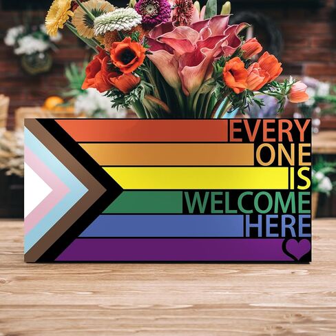 LGBT Rainbow Sign Front Door Decor, Every One Is Welcome Here Pride Flag Wooden Wall Decor,Gay Pride Rainbow Decorations for Home Wall Porch Front Door Classroom in Saudi Arabia