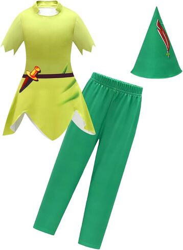 Kids Classic Peter Pan Green Suit with Hat Long Sleeve 3D Graphic Shirt and Pants Outfit Set for Boys in Saudi Arabia