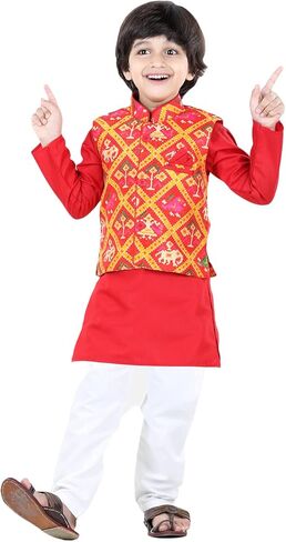 BownBee Kids Cotton Blend Kurta Pyjama set with Patan Patola Jacket for Boys -Ethnic 3 Piece Traditional Indian Wedding Dress in Saudi Arabia