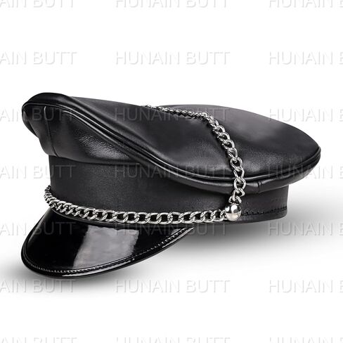 Muir Premium Soft Real Leather Peaked Biker Cap with Metal Chain Black Biker Style Officer Hat for Men & Women in Saudi Arabia