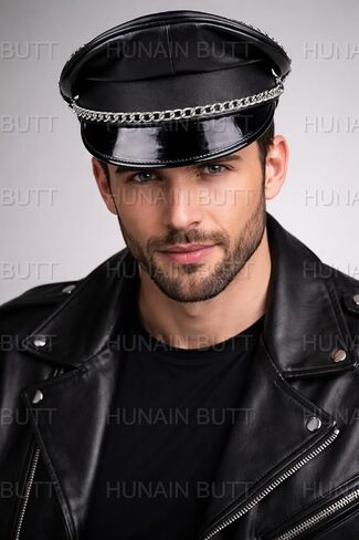 Muir Premium Soft Real Leather Peaked Biker Cap with Metal Chain Black Biker Style Officer Hat for Men & Women in Saudi Arabia