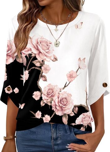 Blingfit Womens 3/4 Sleeve Crew Neck Tops Business Casual Basic Blouses in Saudi Arabia