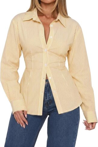 HOCANDY Women Long Sleeve Button Down Shirt Tie Back Cinched Waist Lapel Collar Corset Blouse Work Casual Dressy Tunic Shirt in Saudi Arabia