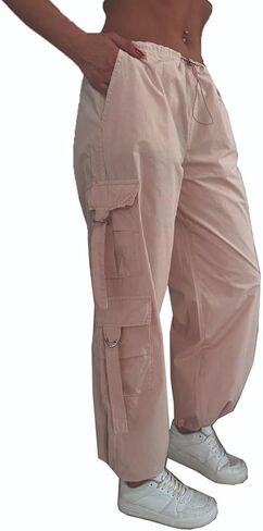 Women’s Parachute Cargo Pants Women, 100% Cotton, Elastic Waistband, Baggy Fit, Wide Leg Cargo Y2K, 2 to 8 Size in Kuwait