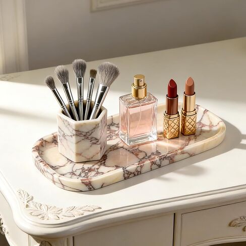 Koville Travertine Tray, 10"x5" Marble Vanity Tray for Bathroom Countertop Kitchen Sink, Rectangular Stone Tray for Perfume Fragrance, Decorative Catchall Tray Jewelry Cosmetics Organizer(Beige) in Saudi Arabia