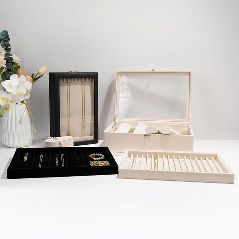 2 Sets Large Jewelry Trays with Drawer Insert Velvet Jewelry Organizer Tray for Women, Jewelry Display Trays with 16 Grids in Kuwait