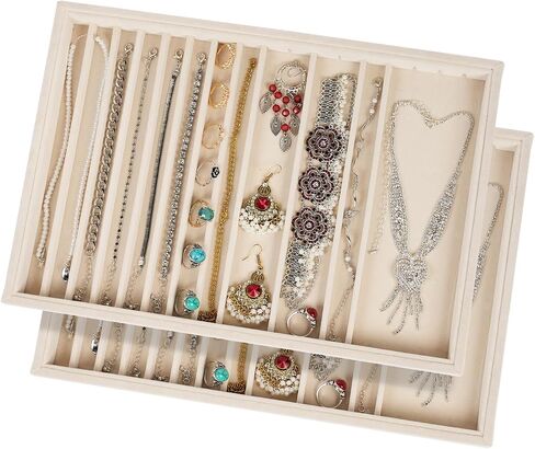 2 Sets Large Jewelry Trays with Drawer Insert Velvet Jewelry Organizer Tray for Women, Jewelry Display Trays with 16 Grids in Kuwait