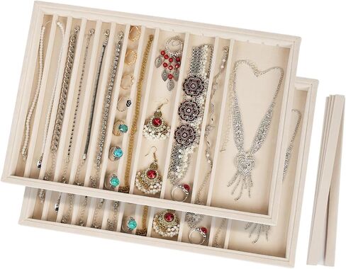 2 Sets Large Jewelry Trays with Drawer Insert Velvet Jewelry Organizer Tray for Women, Jewelry Display Trays with 16 Grids in Kuwait