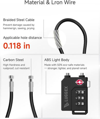 LUGGEX TSA Luggage Lock Bundle, 8 Pack, Black, Lightweight Cable in Saudi Arabia