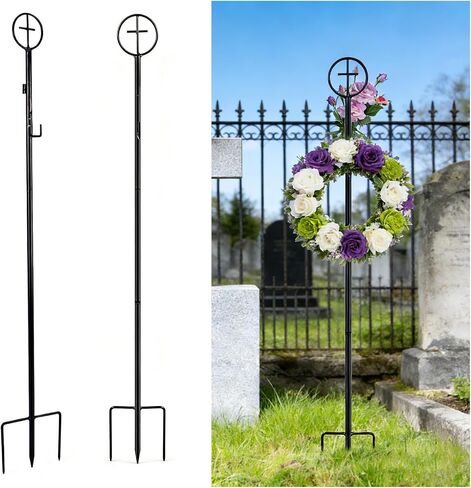 succulentlovers 2PCS Cemetery Wreath Stands, 38" Christmas Metal Wreath Holder Stand with Cross 3 Pronged Decor, Gravestone Wreath Hanger Headstone Flower Holder for Xmas Memorial Day Graveside Decor in Saudi Arabia