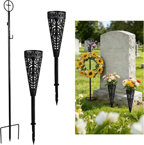 succulentlovers 2PCS Cemetery Wreath Stands, 38" Christmas Metal Wreath Holder Stand with Cross 3 Pronged Decor, Gravestone Wreath Hanger Headstone Flower Holder for Xmas Memorial Day Graveside Decor in Saudi Arabia