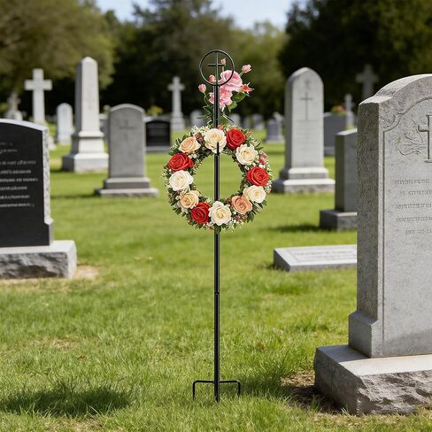 succulentlovers 2PCS Cemetery Wreath Stands, 38" Christmas Metal Wreath Holder Stand with Cross 3 Pronged Decor, Gravestone Wreath Hanger Headstone Flower Holder for Xmas Memorial Day Graveside Decor in Saudi Arabia