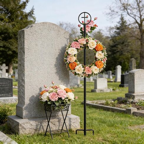succulentlovers 2PCS Cemetery Wreath Stands, 38" Christmas Metal Wreath Holder Stand with Cross 3 Pronged Decor, Gravestone Wreath Hanger Headstone Flower Holder for Xmas Memorial Day Graveside Decor in Saudi Arabia
