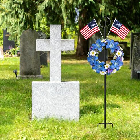 succulentlovers 2PCS Cemetery Wreath Stands, 38" Christmas Metal Wreath Holder Stand with Cross 3 Pronged Decor, Gravestone Wreath Hanger Headstone Flower Holder for Xmas Memorial Day Graveside Decor in Saudi Arabia