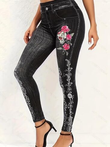Women's Plus Size Fake Denim Print with Skull and Flower Leggings Casual Work Holiday Skinny Long Pants Trousers in Kuwait