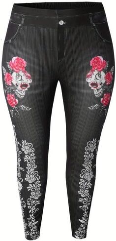Women's Plus Size Fake Denim Print with Skull and Flower Leggings Casual Work Holiday Skinny Long Pants Trousers in Kuwait