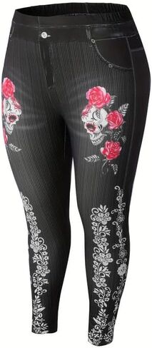 Women's Plus Size Fake Denim Print with Skull and Flower Leggings Casual Work Holiday Skinny Long Pants Trousers in Kuwait