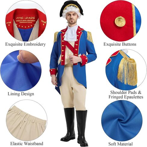 250 Anniversary USA Founding Father Costume Adult George Washington Colonial Costume Men Revolutionary War Outfit in Saudi Arabia