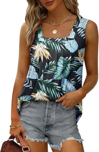 Summer Tank Tops for Women Loose Fit Pleated Square Neck Sleeveless Tops Curved Hem Flowy in Kuwait