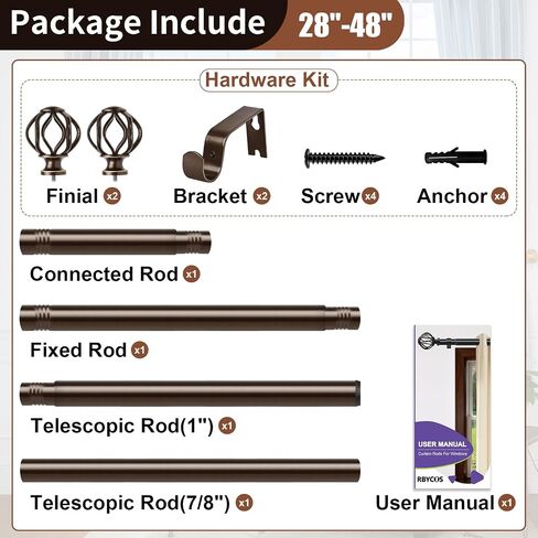 Bronze Curtain Rods for Windows 28-48 Inch (2.3-4 ft) with Decorative Cage Finials, 1 Inch Adjustable Heavy Duty Metal Window Treatment Rods for Living Room, Bedroom, Patio, Sliding Glass Door in Saudi Arabia