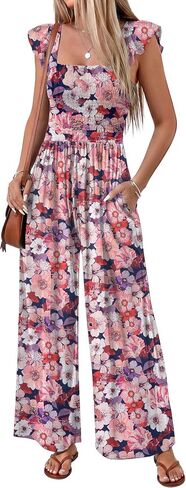Ekouaer Womens Casual Jumpsuits Summer Boho Outfits Printed Smocked Wide Leg Vacation Jumper With Pockets S-XXL in Kuwait