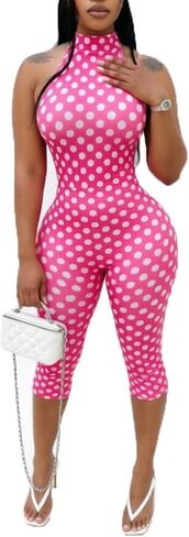 Women Sexy Jumpsuit Polka Dot Print Halter Neck Backless Back Cross Bodycon Rompers Date Night Club Outfits in Kuwait
